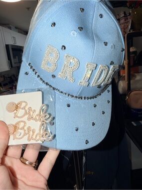 Bride Rhinestone Baseball Cap in Light Blue and pearl bride earrings